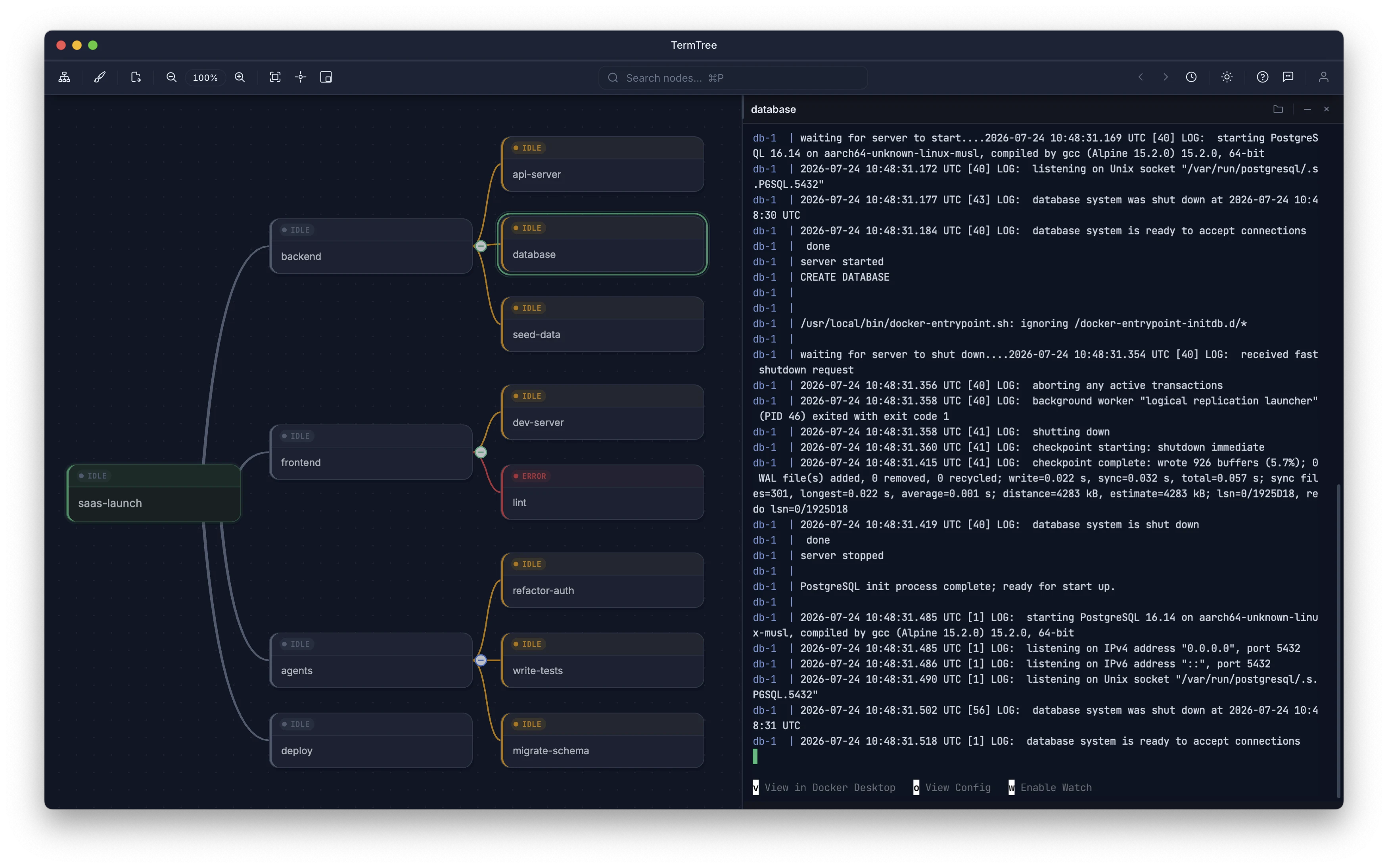 The TermTree app showing a task map beside live terminal output
