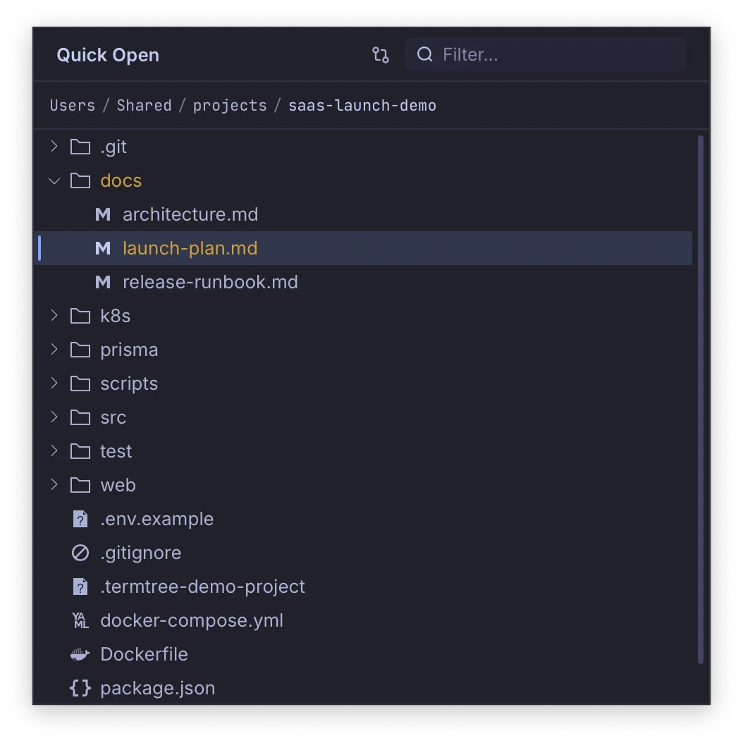 Quick Open browsing a real project with changed files marked